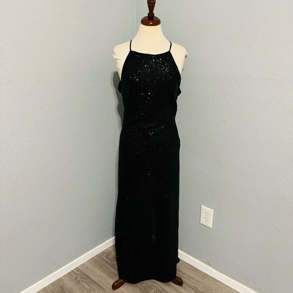 Zara Bloggers Fav Black Sequin Halter Neckline Midi Christmas Holiday Dress Sz L - Picture 7 of 17